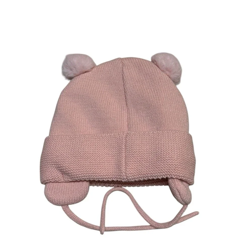 H&M Baby Girls Pink Knit Pom Pom Earflap Hat 9-12 Months